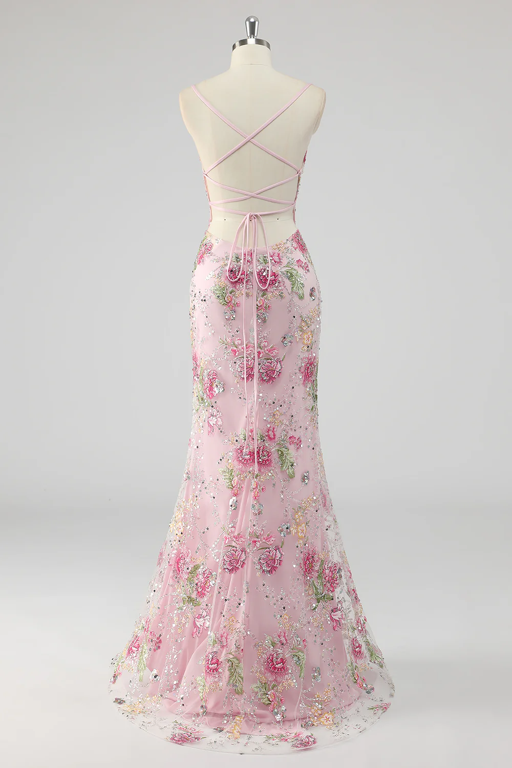 Sequins Mermaid Spaghetti Straps Pink Prom Dress with Appliques - Image 2