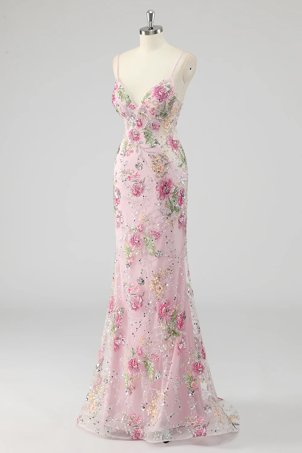 Sequins Mermaid Spaghetti Straps Pink Prom Dress with Appliques - Image 3