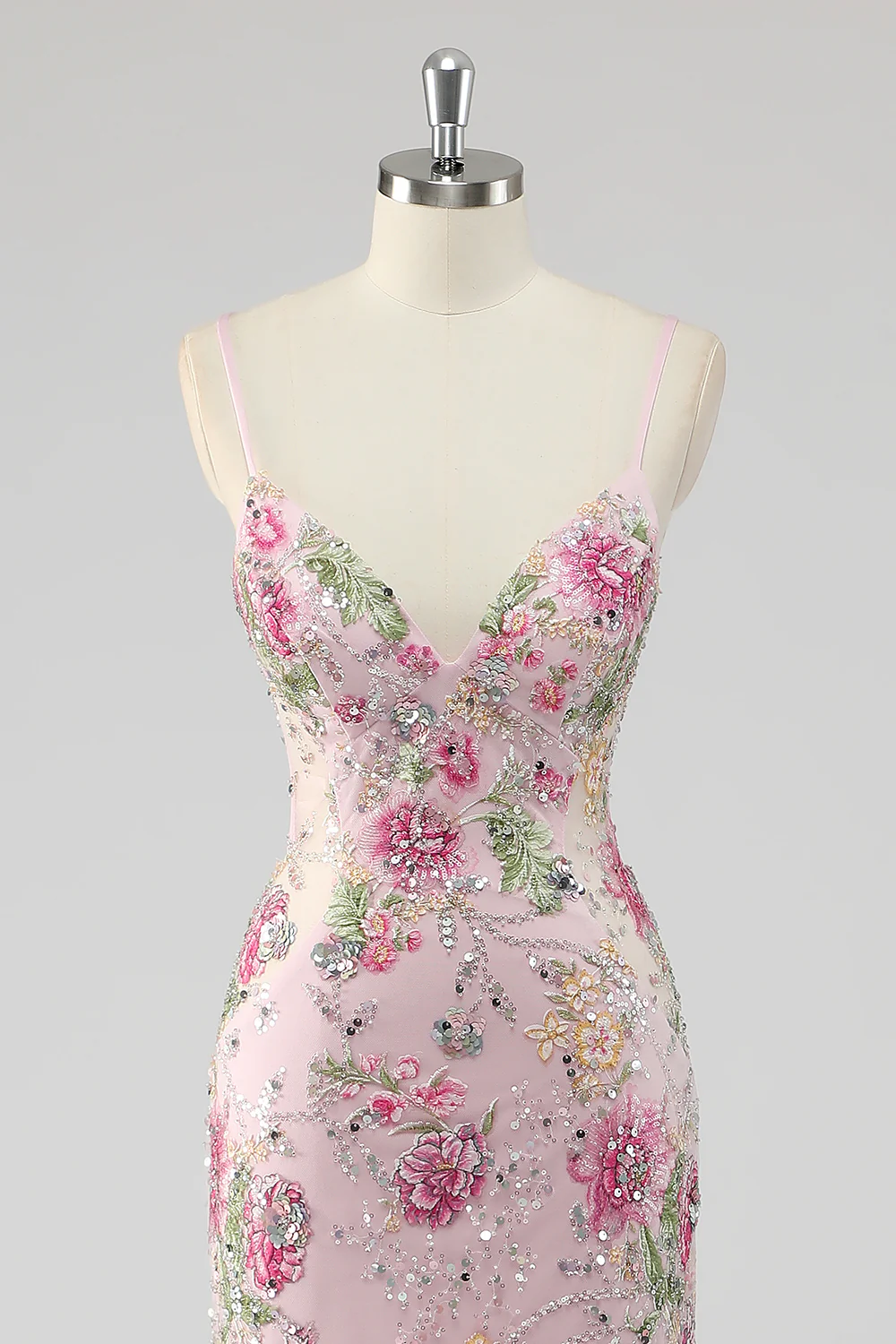 Sequins Mermaid Spaghetti Straps Pink Prom Dress with Appliques - Image 4