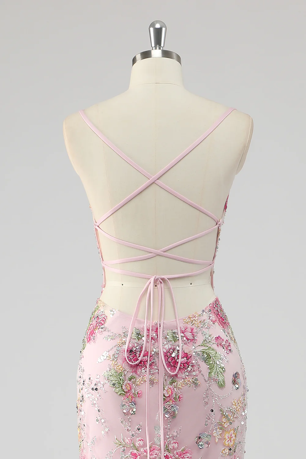 Sequins Mermaid Spaghetti Straps Pink Prom Dress with Appliques - Image 5
