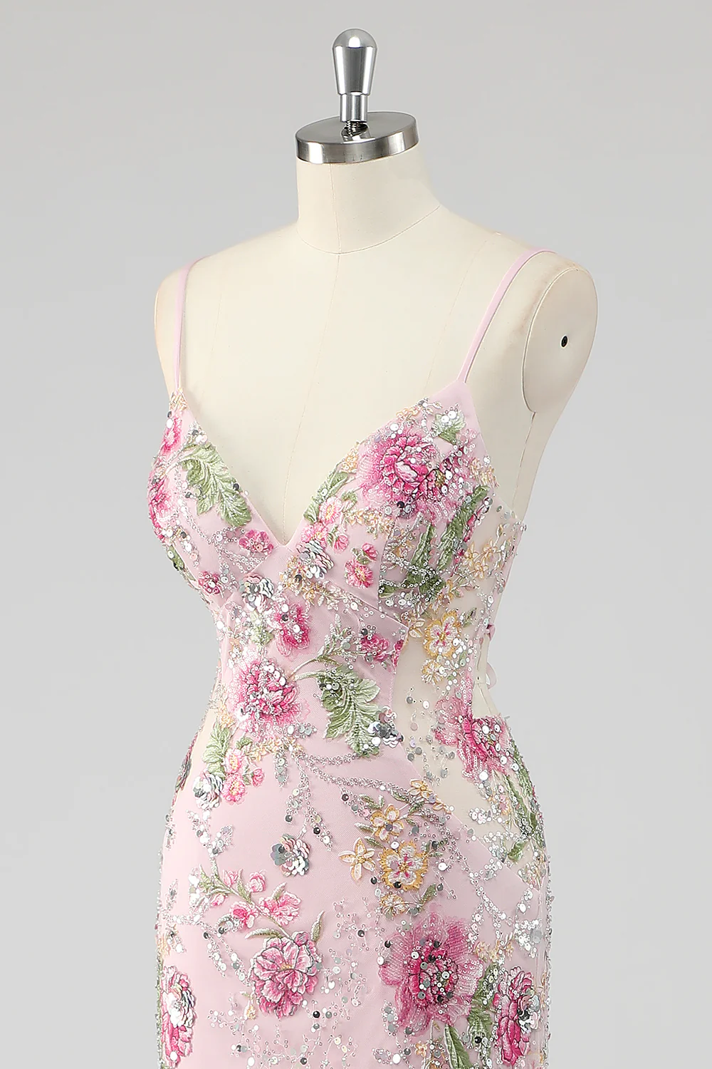 Sequins Mermaid Spaghetti Straps Pink Prom Dress with Appliques - Image 6