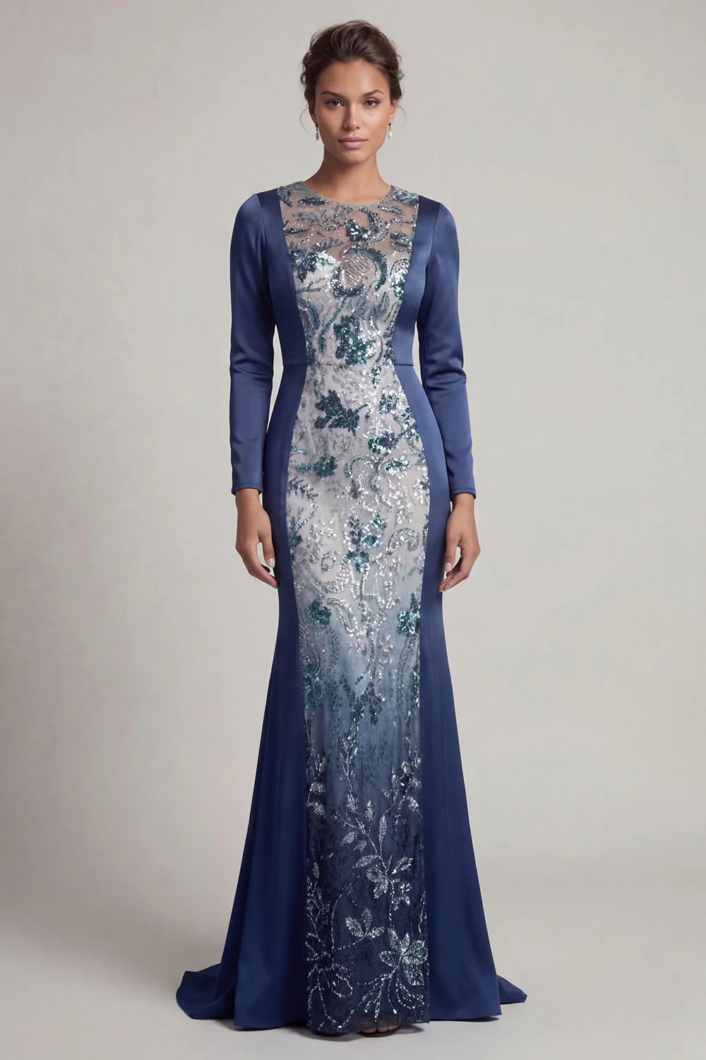Navy Sequins Long Sleeves Mermaid Mother of the Bride Dress