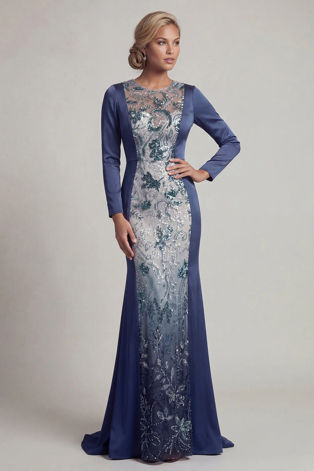 Navy Sequins Long Sleeves Mermaid Mother of the Bride Dress - Image 3
