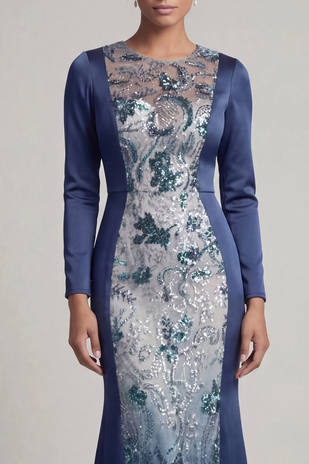 Navy Sequins Long Sleeves Mermaid Mother of the Bride Dress - Image 4