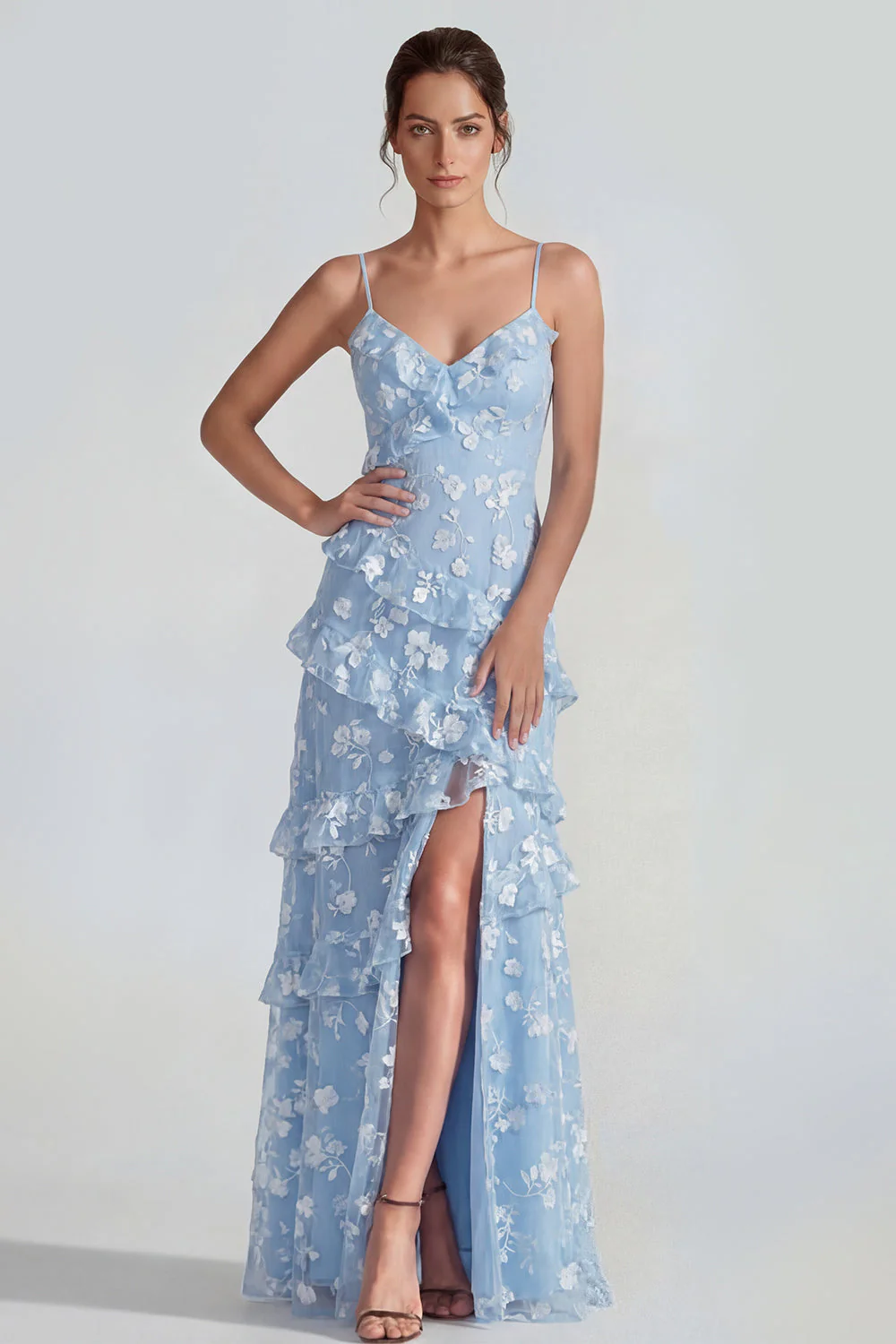 Shearh Lilac Floral Spaghetti Straps Ruffled Maxi Dress with Slit - Image 10