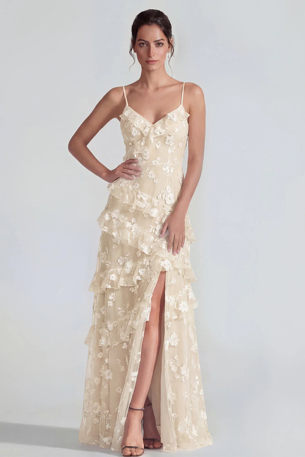 Shearh Lilac Floral Spaghetti Straps Ruffled Maxi Dress with Slit - Image 14