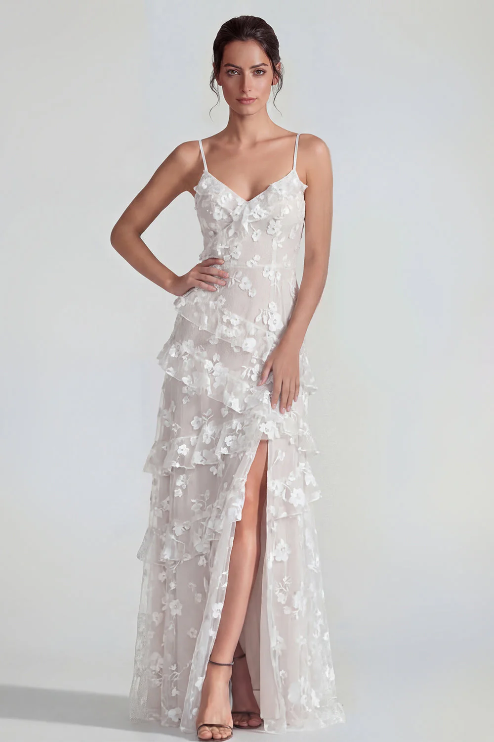 Shearh Lilac Floral Spaghetti Straps Ruffled Maxi Dress with Slit - Image 18