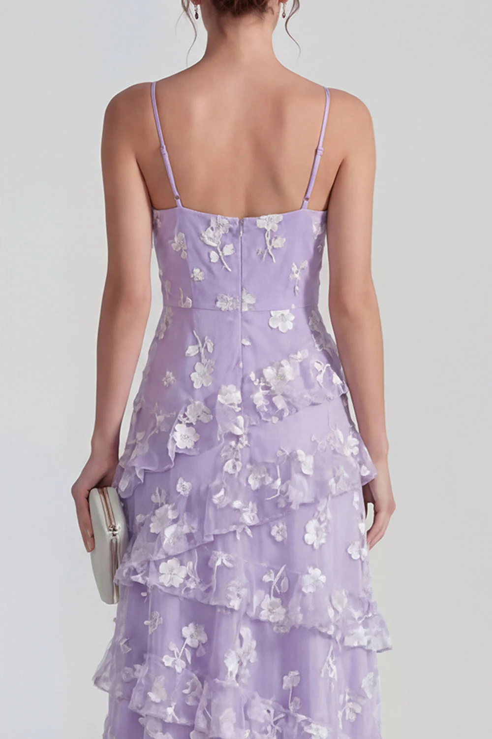 Shearh Lilac Floral Spaghetti Straps Ruffled Maxi Dress with Slit - Image 4
