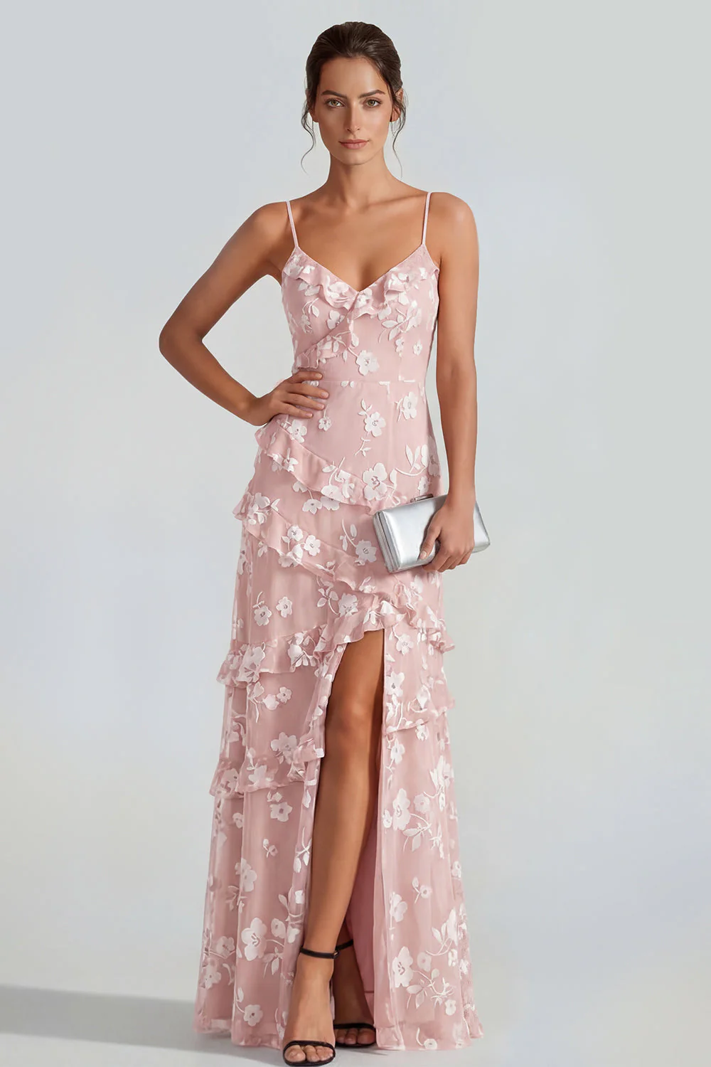 Shearh Lilac Floral Spaghetti Straps Ruffled Maxi Dress with Slit - Image 5