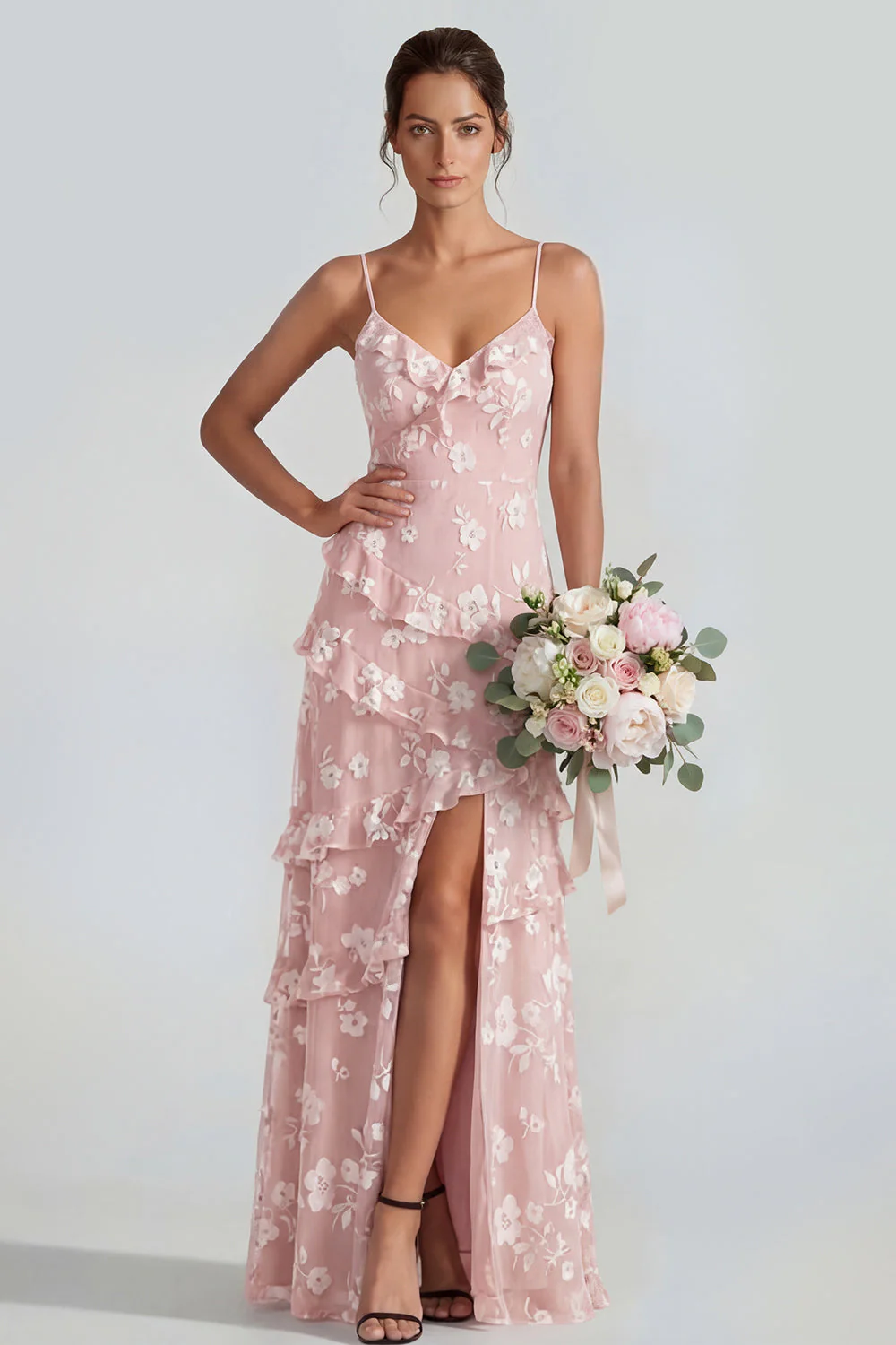 Shearh Lilac Floral Spaghetti Straps Ruffled Maxi Dress with Slit - Image 9