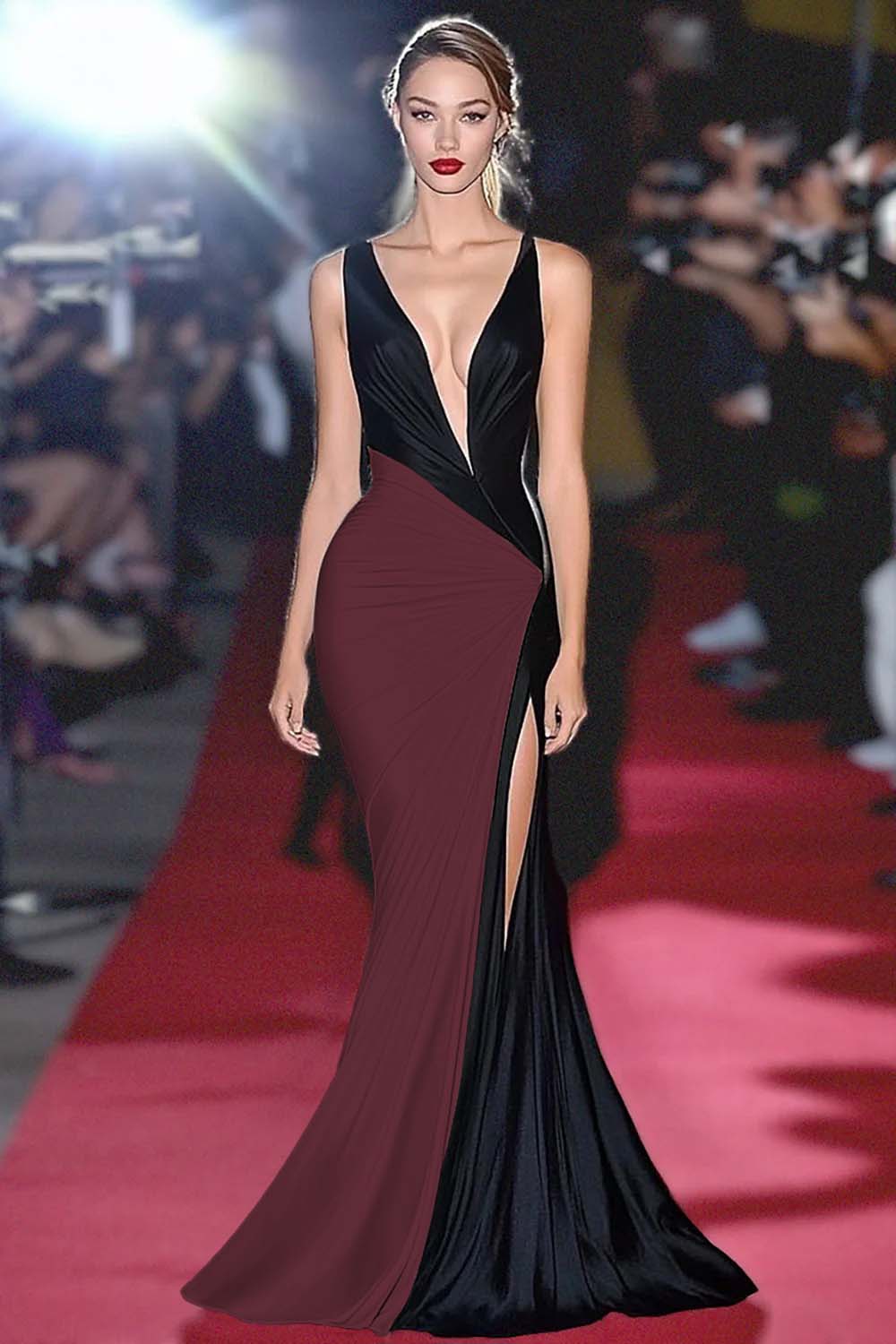 Sheath Black&White Deep V Neck Long Gala Dress - Image 4