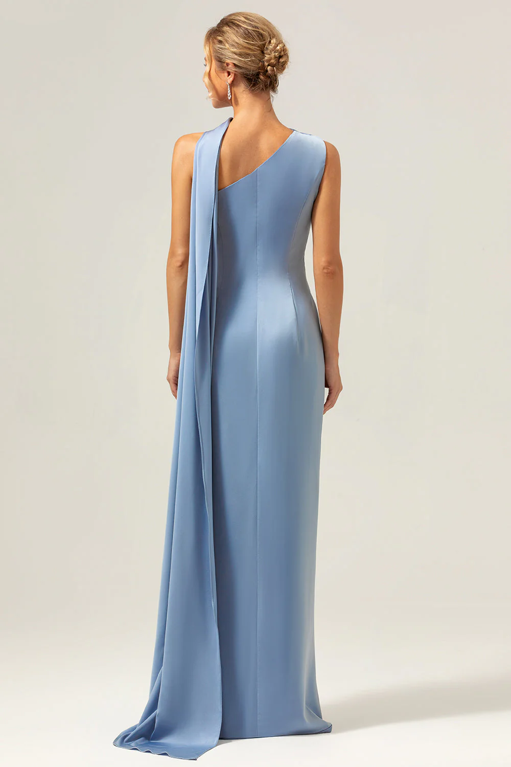 Sheath One Shoulder Satin Long Blue Bridesmaid Dress - Image 2