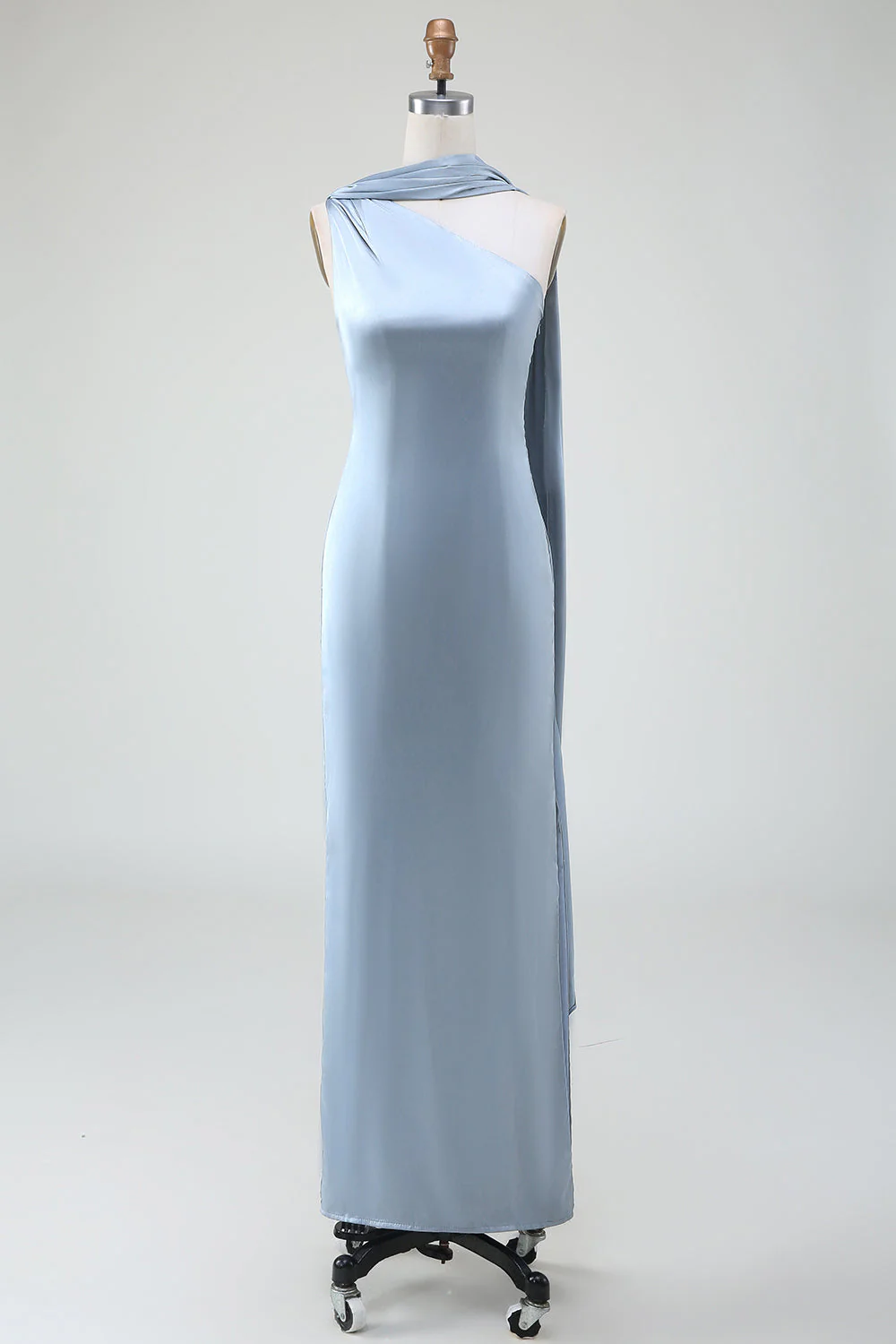 Sheath One Shoulder Satin Long Blue Bridesmaid Dress - Image 3