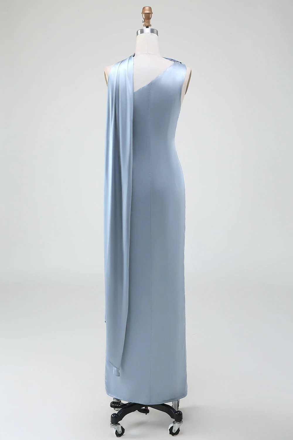 Sheath One Shoulder Satin Long Blue Bridesmaid Dress - Image 4