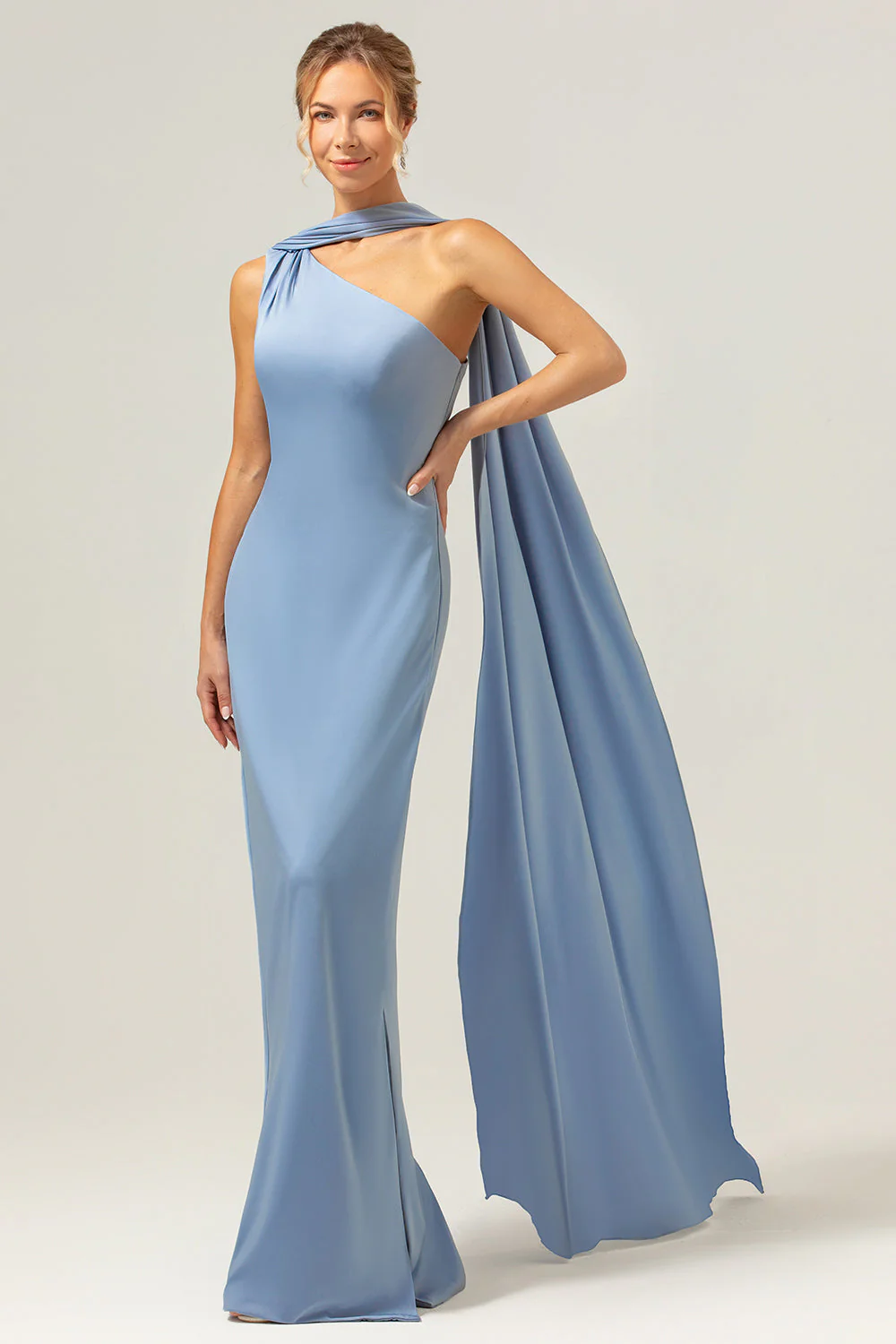 Sheath One Shoulder Satin Long Blue Bridesmaid Dress - Image 5