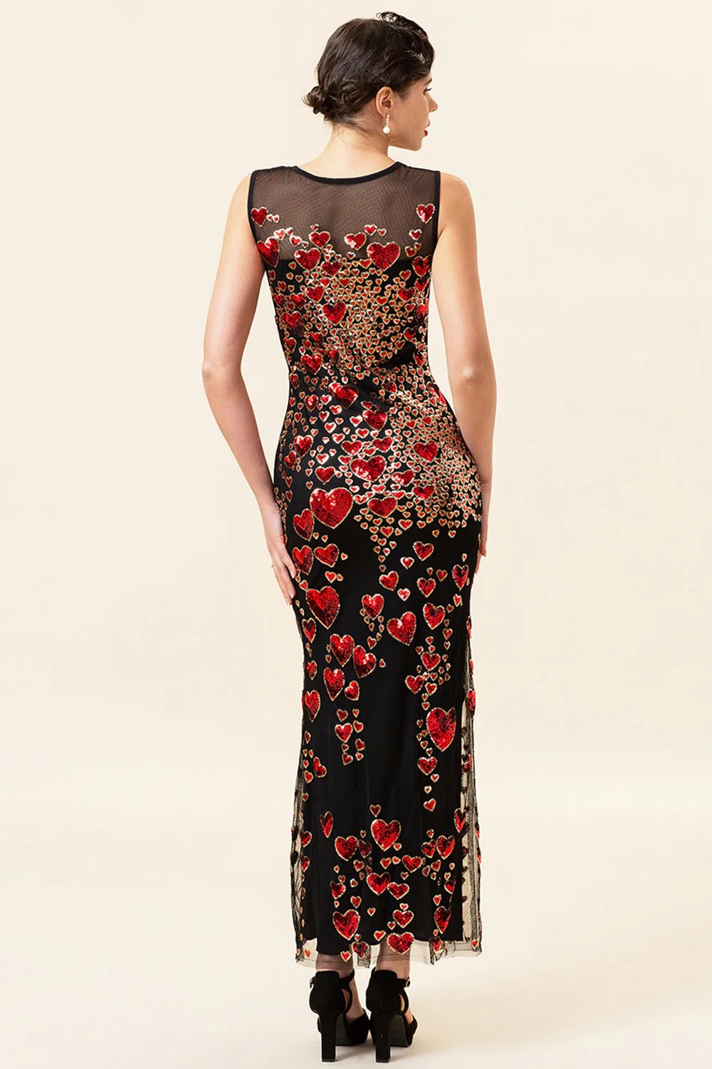 Sheath Round Neck Black Red Love Heart Beaded Long Flapper 1920s Dress - Image 2