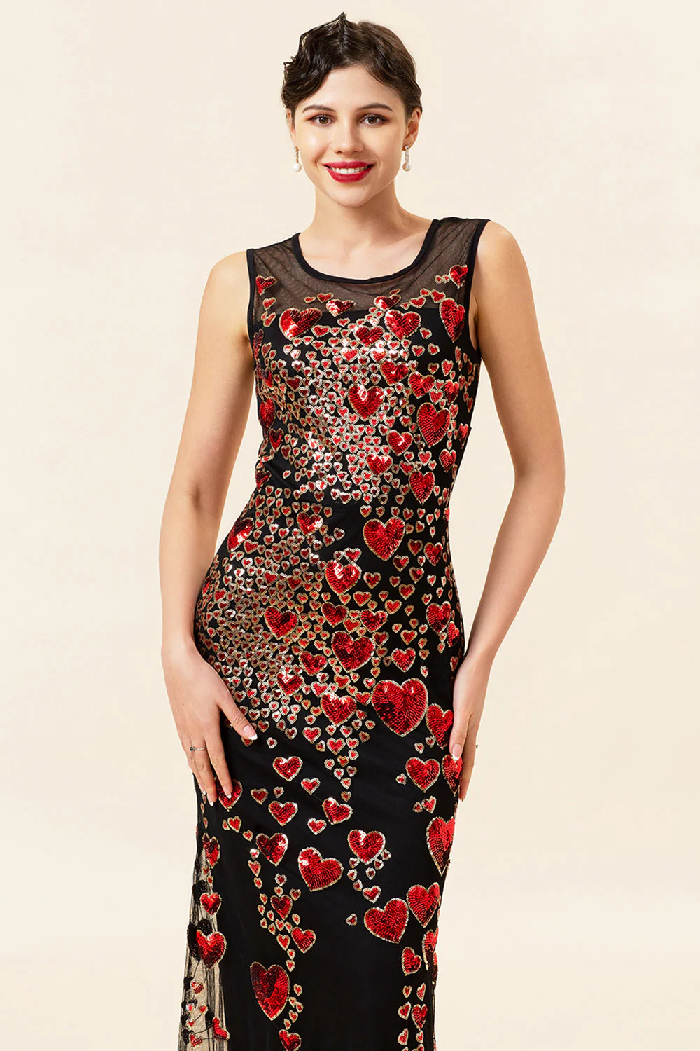 Sheath Round Neck Black Red Love Heart Beaded Long Flapper 1920s Dress - Image 3