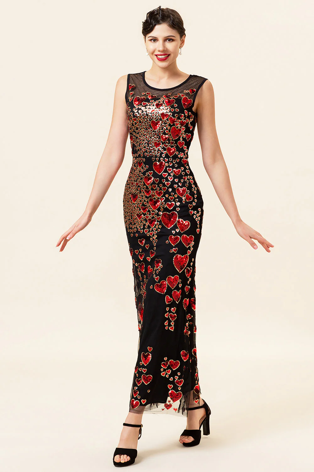 Sheath Round Neck Black Red Love Heart Beaded Long Flapper 1920s Dress - Image 4