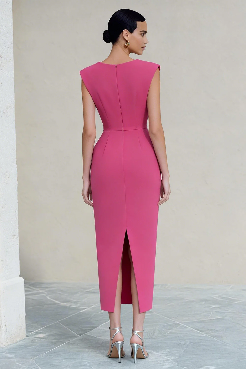Sheath Ruched V-Neck Hot Pink Midi Work Dress with Slit - Image 2
