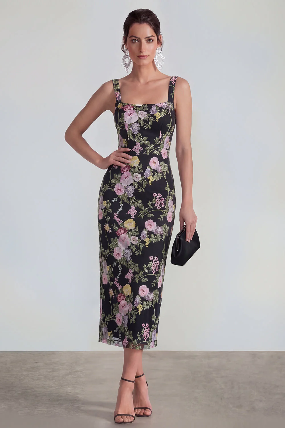 Sheath Square Neck Midi Multi Floral Dress with Lace Up Back