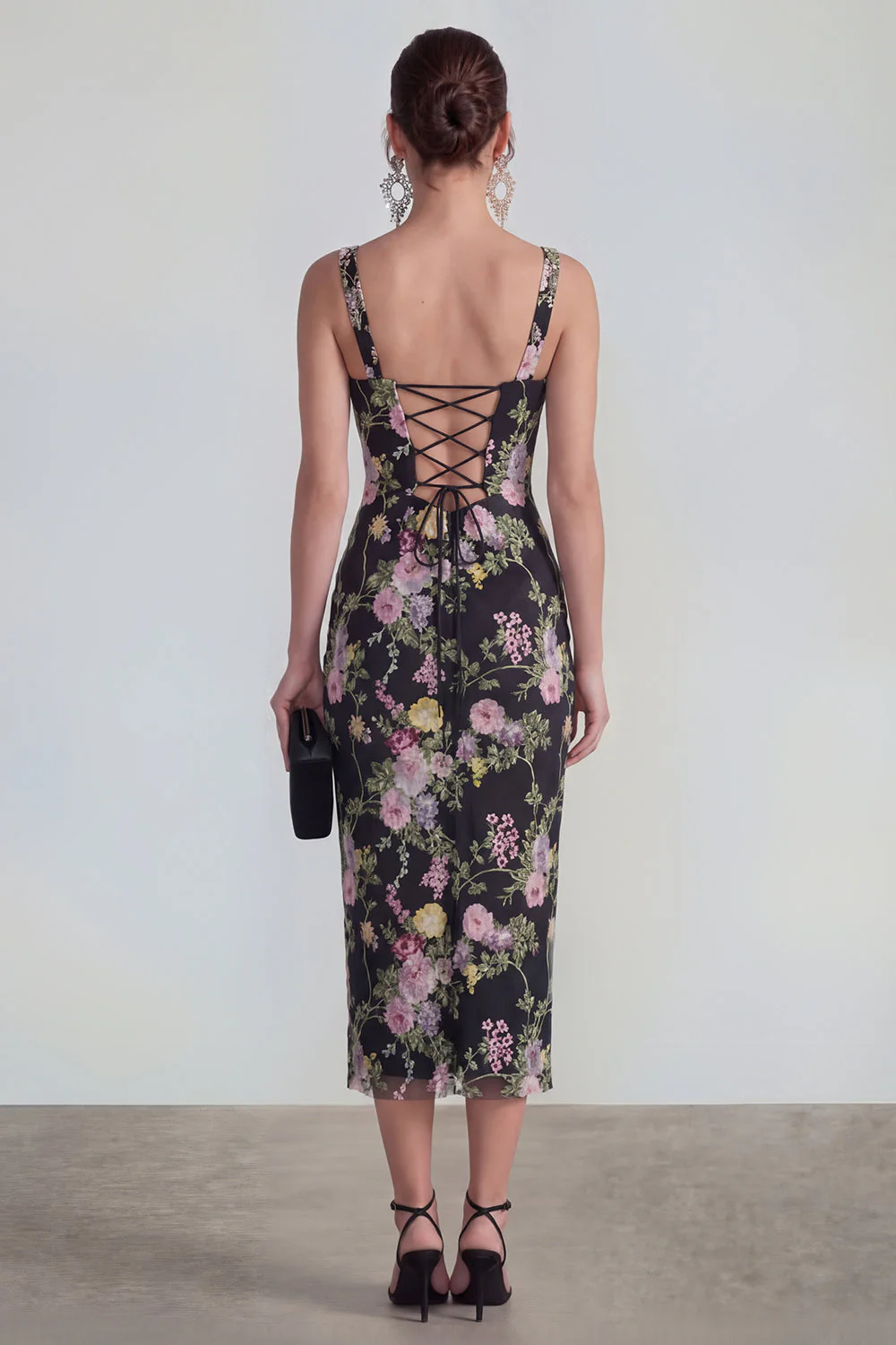 Sheath Square Neck Midi Multi Floral Dress with Lace Up Back - Image 2