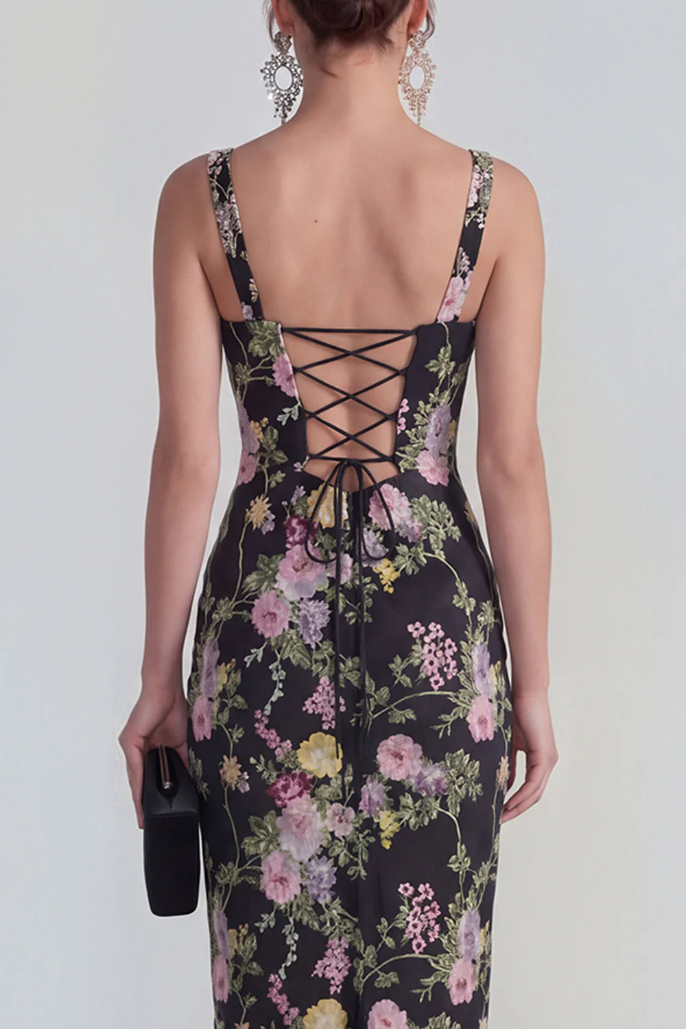 Sheath Square Neck Midi Multi Floral Dress with Lace Up Back - Image 4