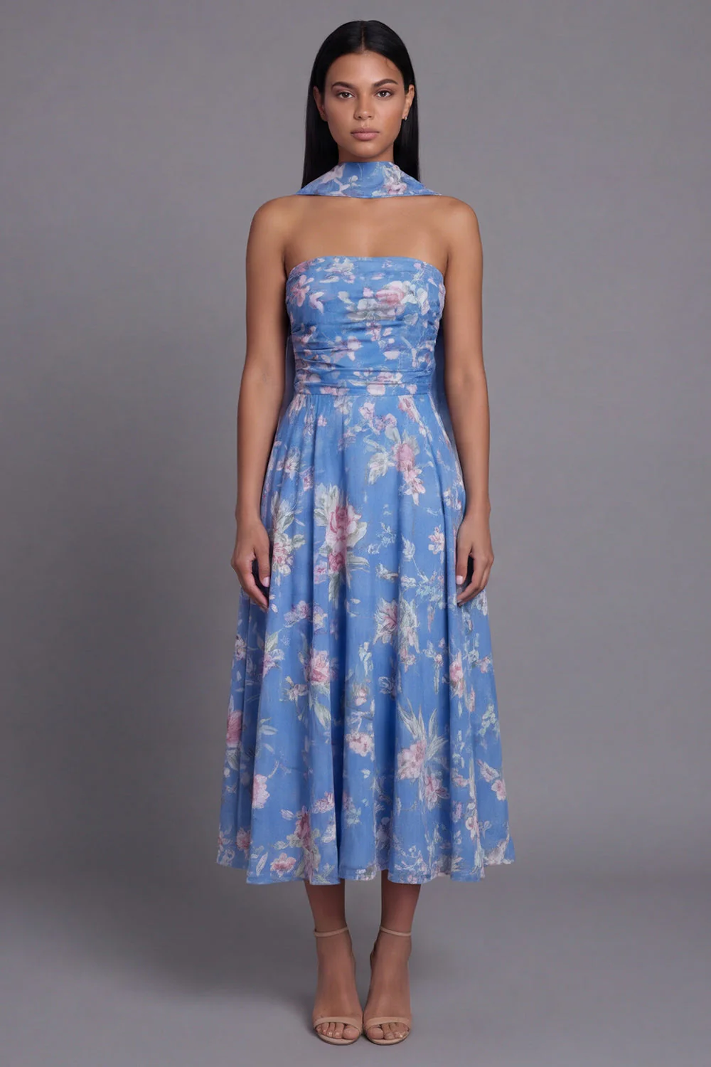 Sheath Strapless Chiffon Blue Printed Midi Floral Dress with Neck Scarf - Image 2