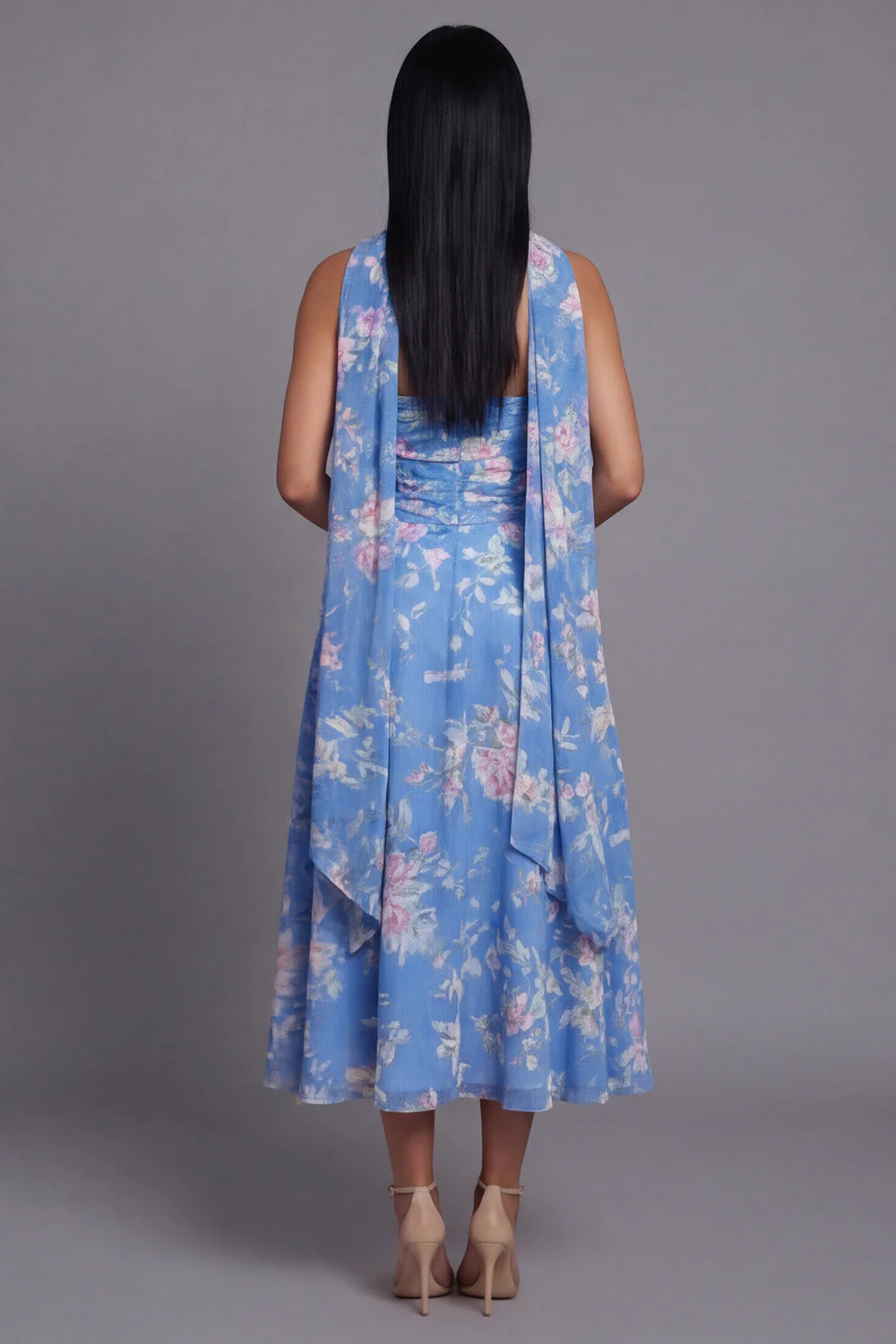 Sheath Strapless Chiffon Blue Printed Midi Floral Dress with Neck Scarf - Image 3