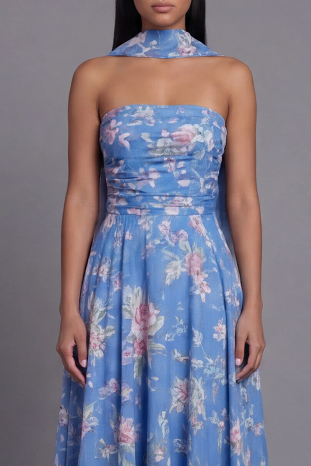 Sheath Strapless Chiffon Blue Printed Midi Floral Dress with Neck Scarf - Image 4