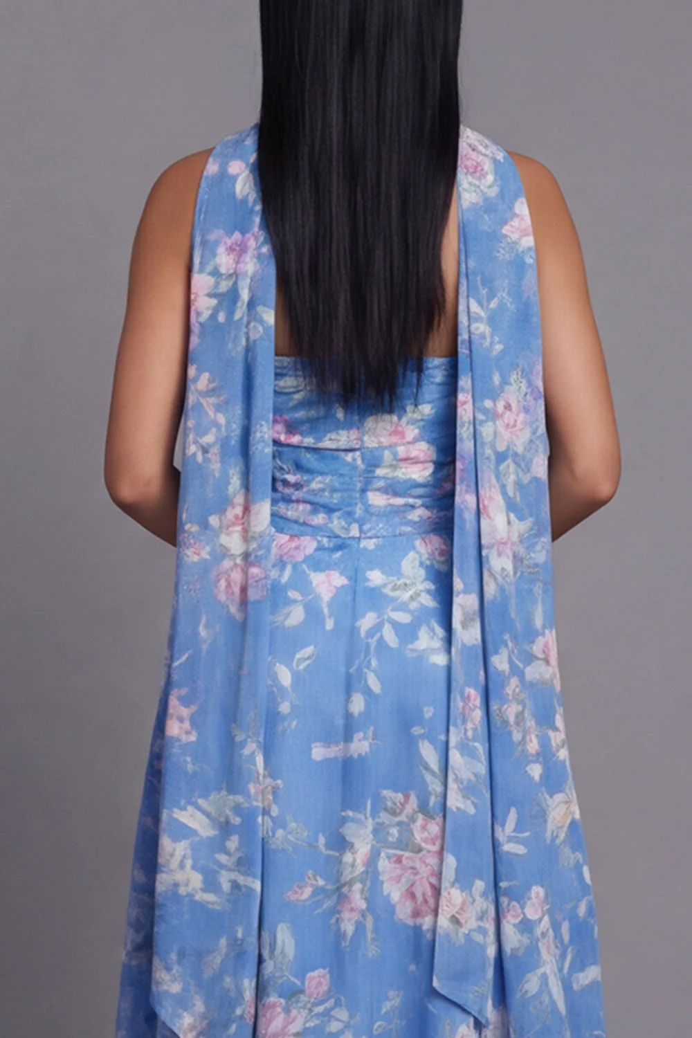 Sheath Strapless Chiffon Blue Printed Midi Floral Dress with Neck Scarf - Image 5