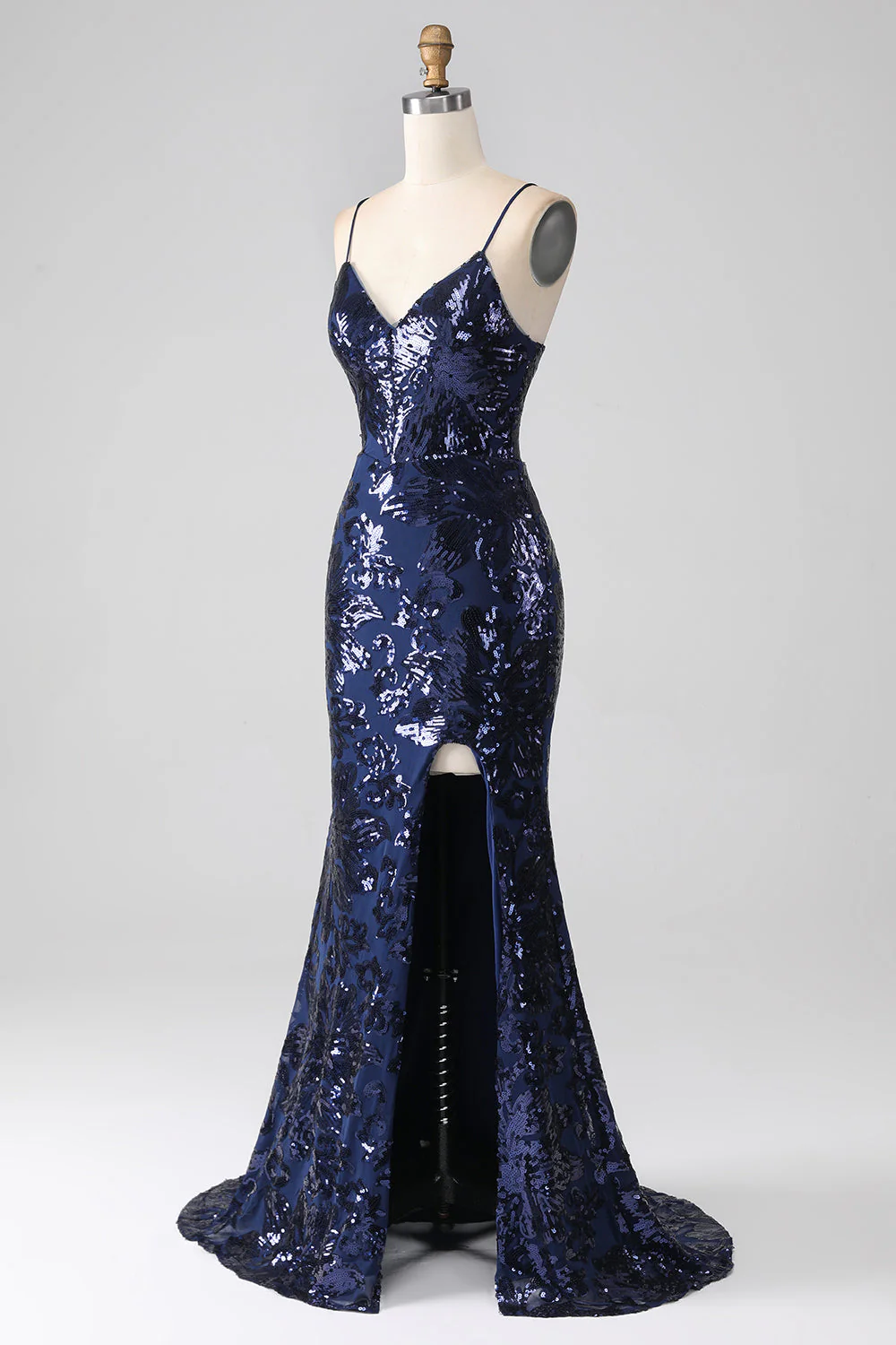 Shimmering Sequin Mermaid Spaghetti Strap Prom Dress with Slit - Image 3