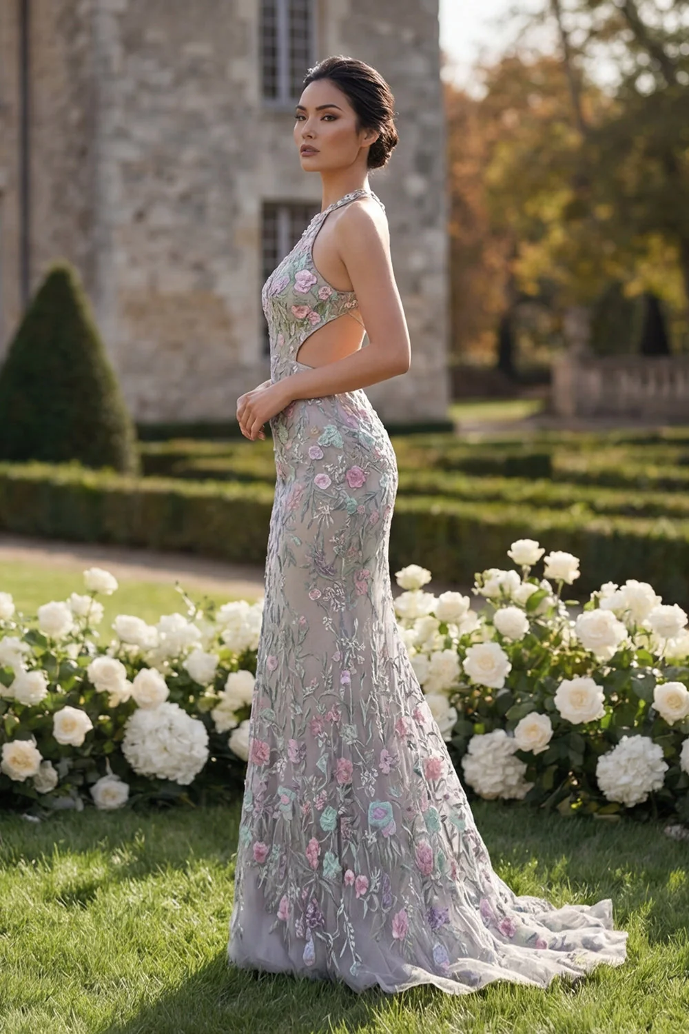 Silver Flower Mermaid Halter Long Prom Dress with 3D Flower - Image 3