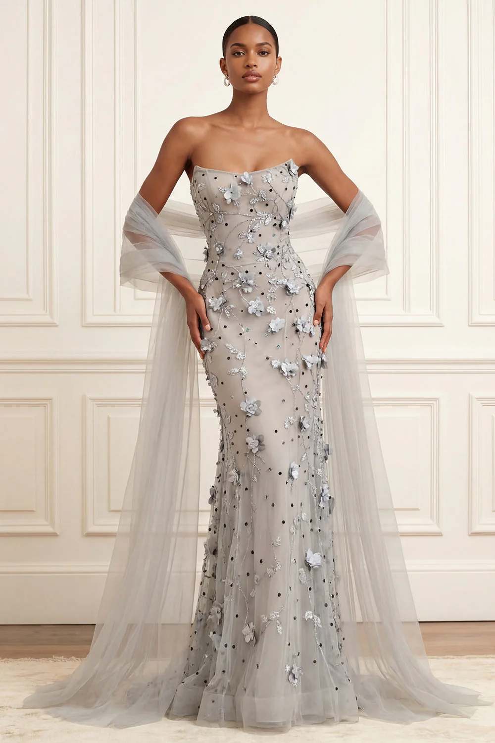 Silver Strapless Mermaid 3D Flowers Long Prom Dress with Streamer