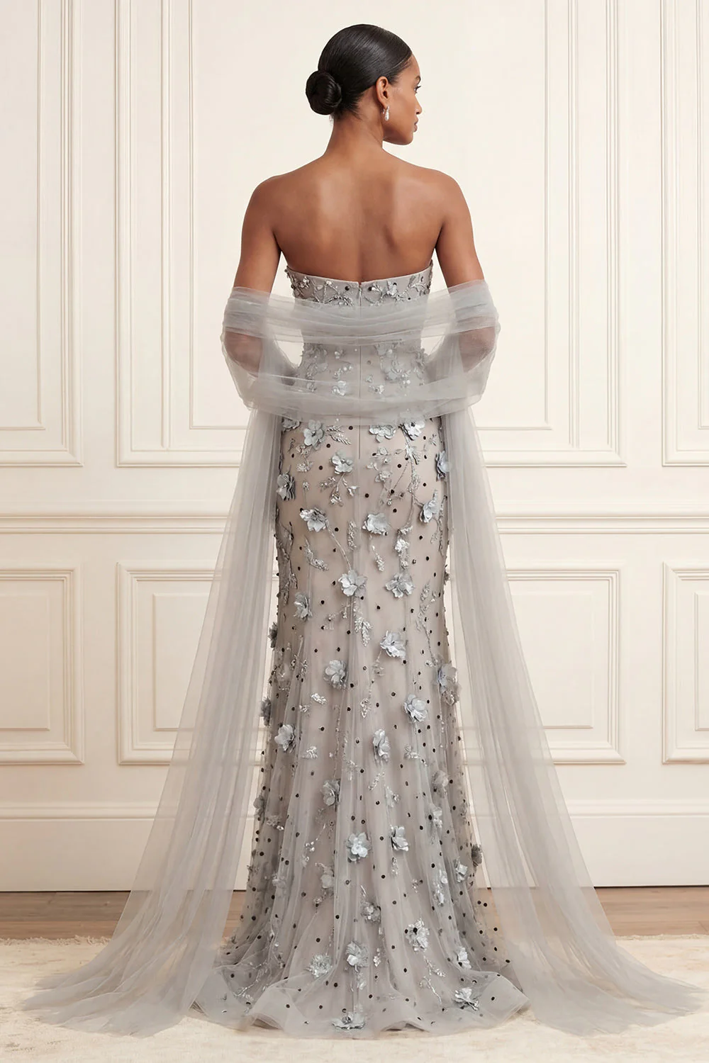 Silver Strapless Mermaid 3D Flowers Long Prom Dress with Streamer - Image 2