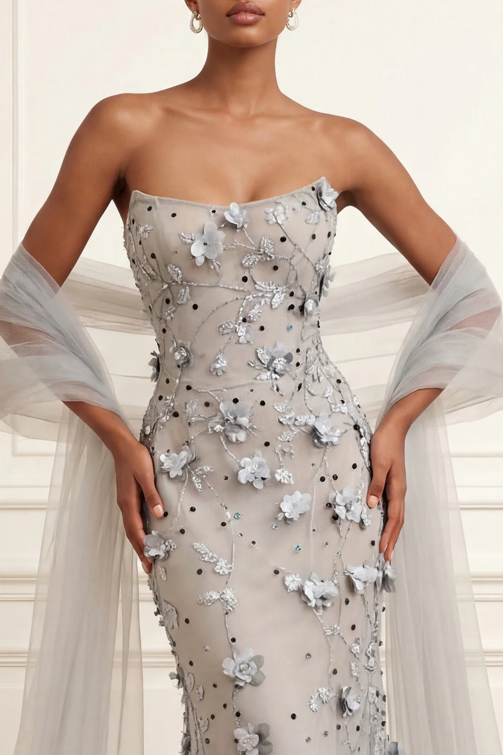 Silver Strapless Mermaid 3D Flowers Long Prom Dress with Streamer - Image 3