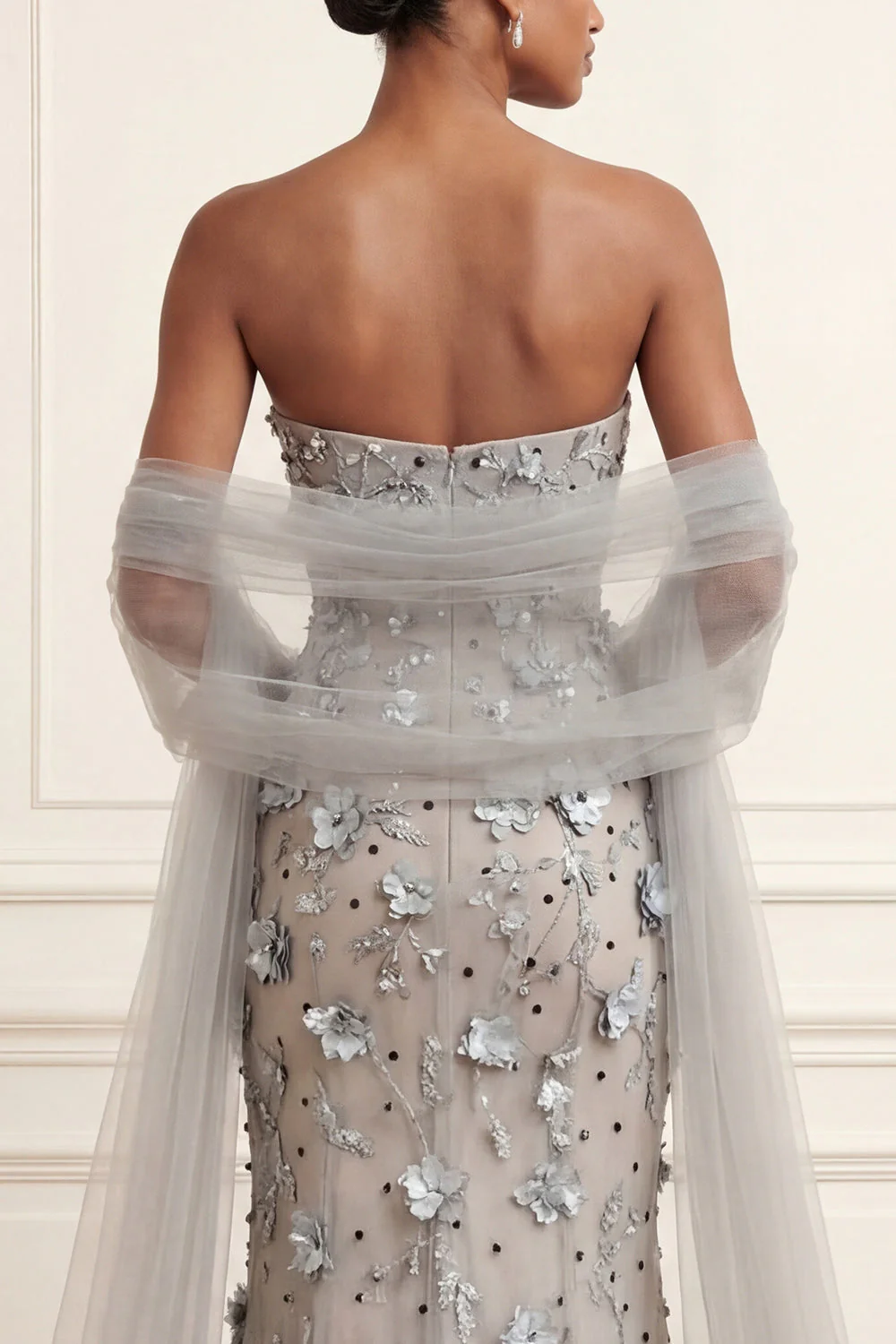Silver Strapless Mermaid 3D Flowers Long Prom Dress with Streamer - Image 4