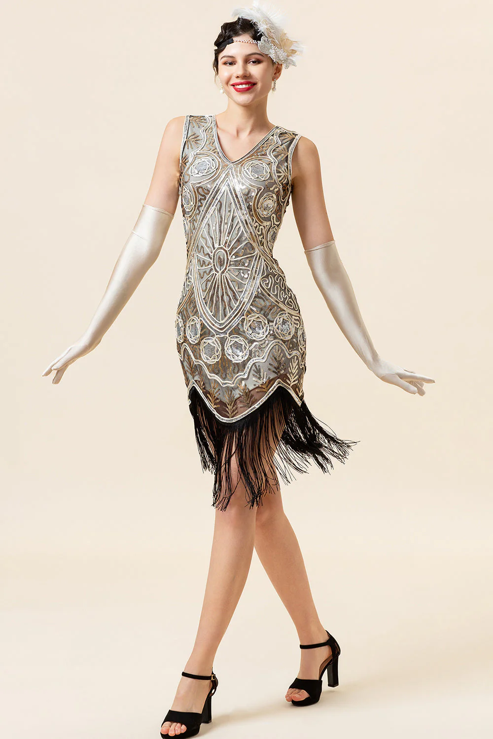 Silver Sequins Fringes 1920s Gatsby Dress with 20s Accessories Set - Image 2