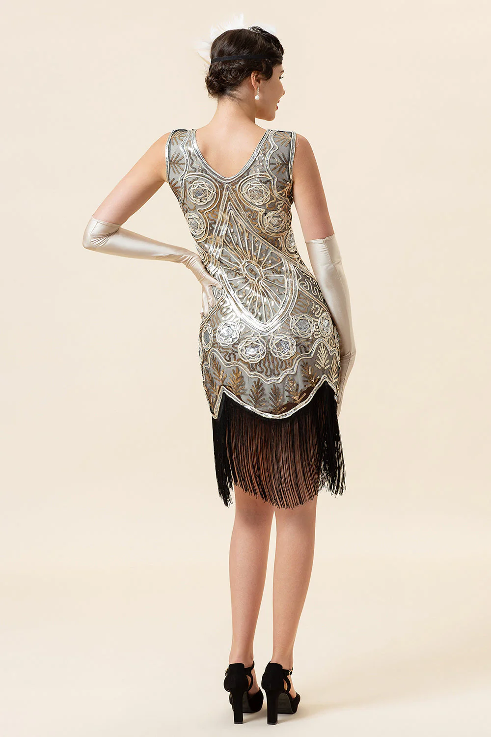 Silver Sequins Fringes 1920s Gatsby Dress with 20s Accessories Set - Image 3