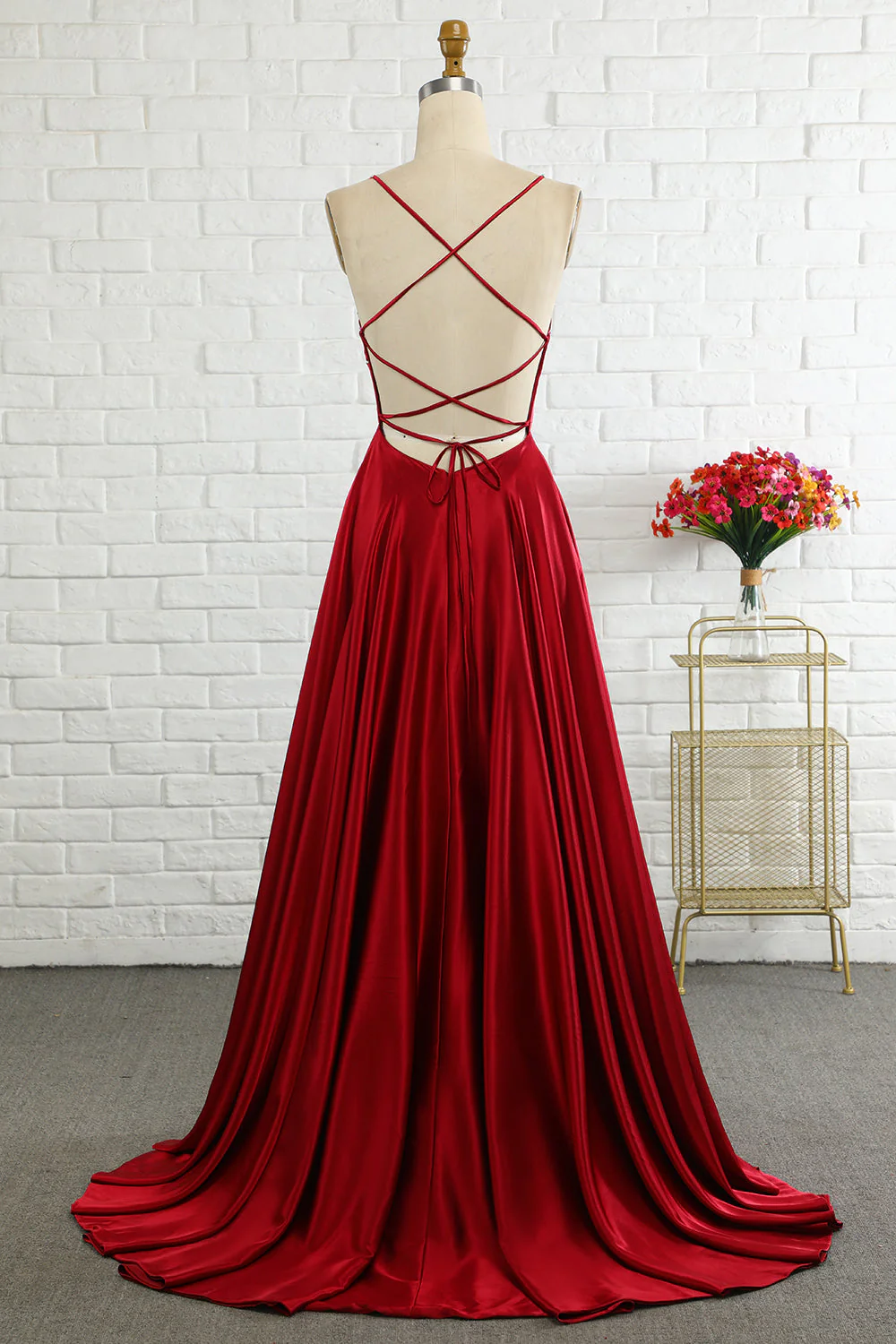 Simple A Line Spaghetti Straps Burgundy Long Prom Dress with Cirss Cross Back - Image 2