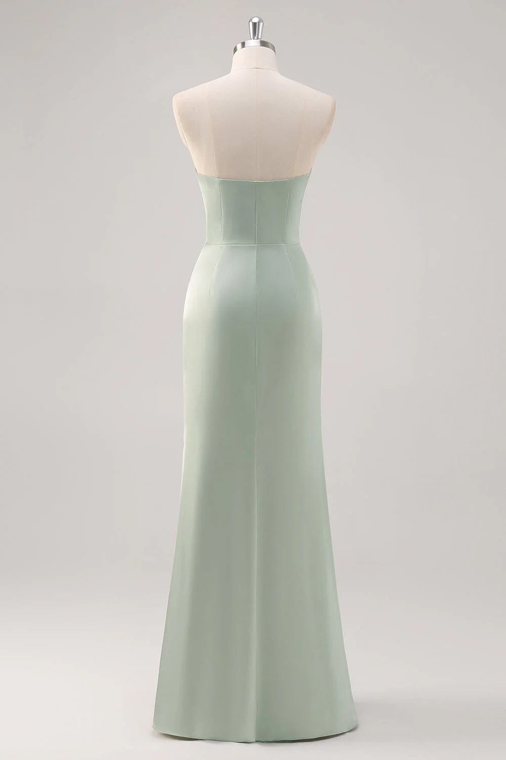 Simple Mermaid Satin Strapless Sage Green Bridesmaid Dress with Slit - Image 2