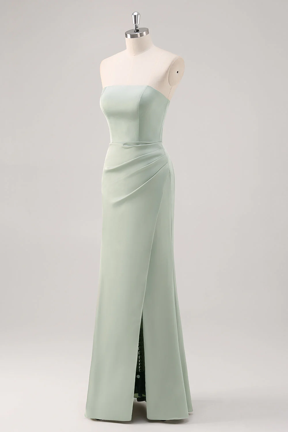 Simple Mermaid Satin Strapless Sage Green Bridesmaid Dress with Slit - Image 3