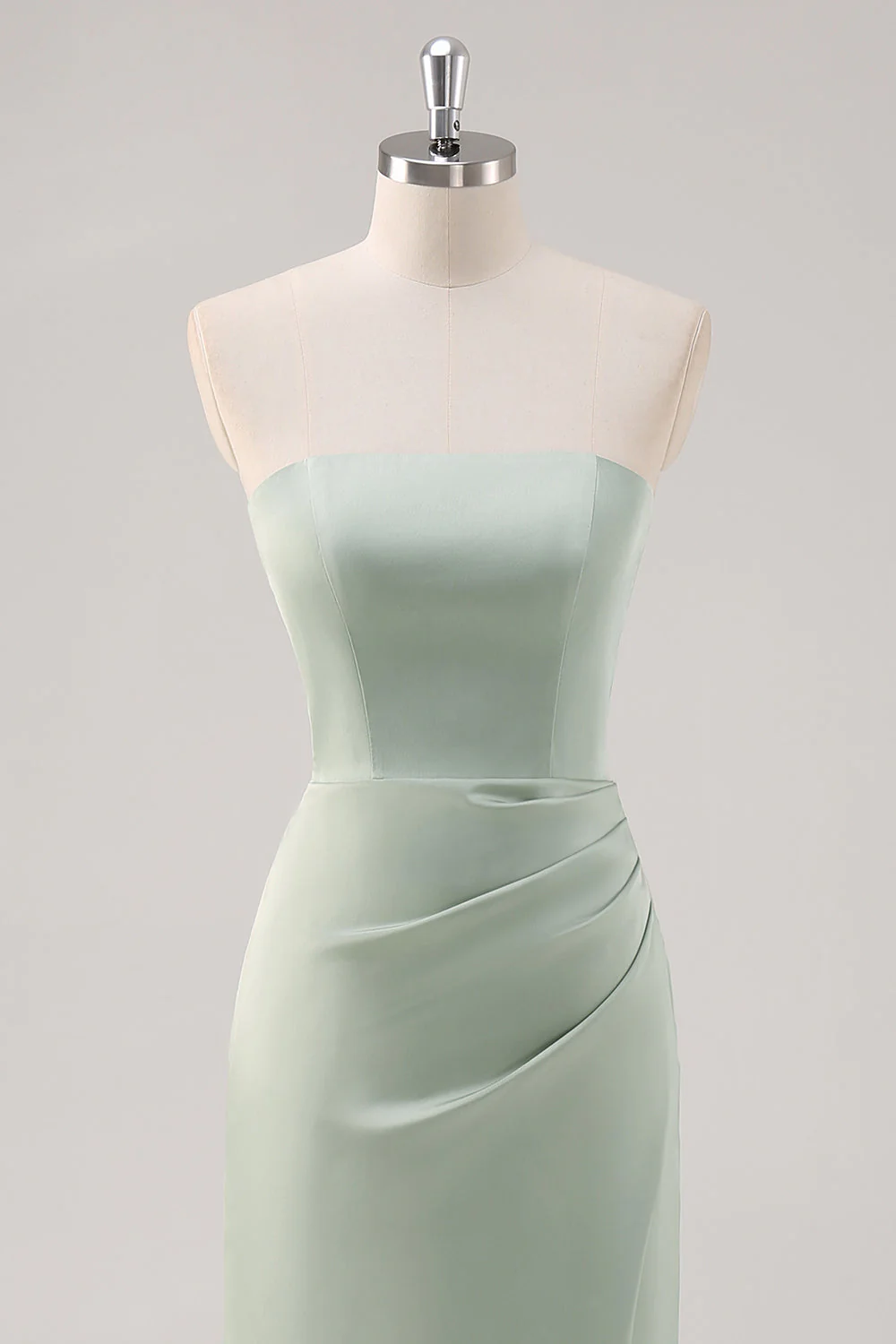 Simple Mermaid Satin Strapless Sage Green Bridesmaid Dress with Slit - Image 4