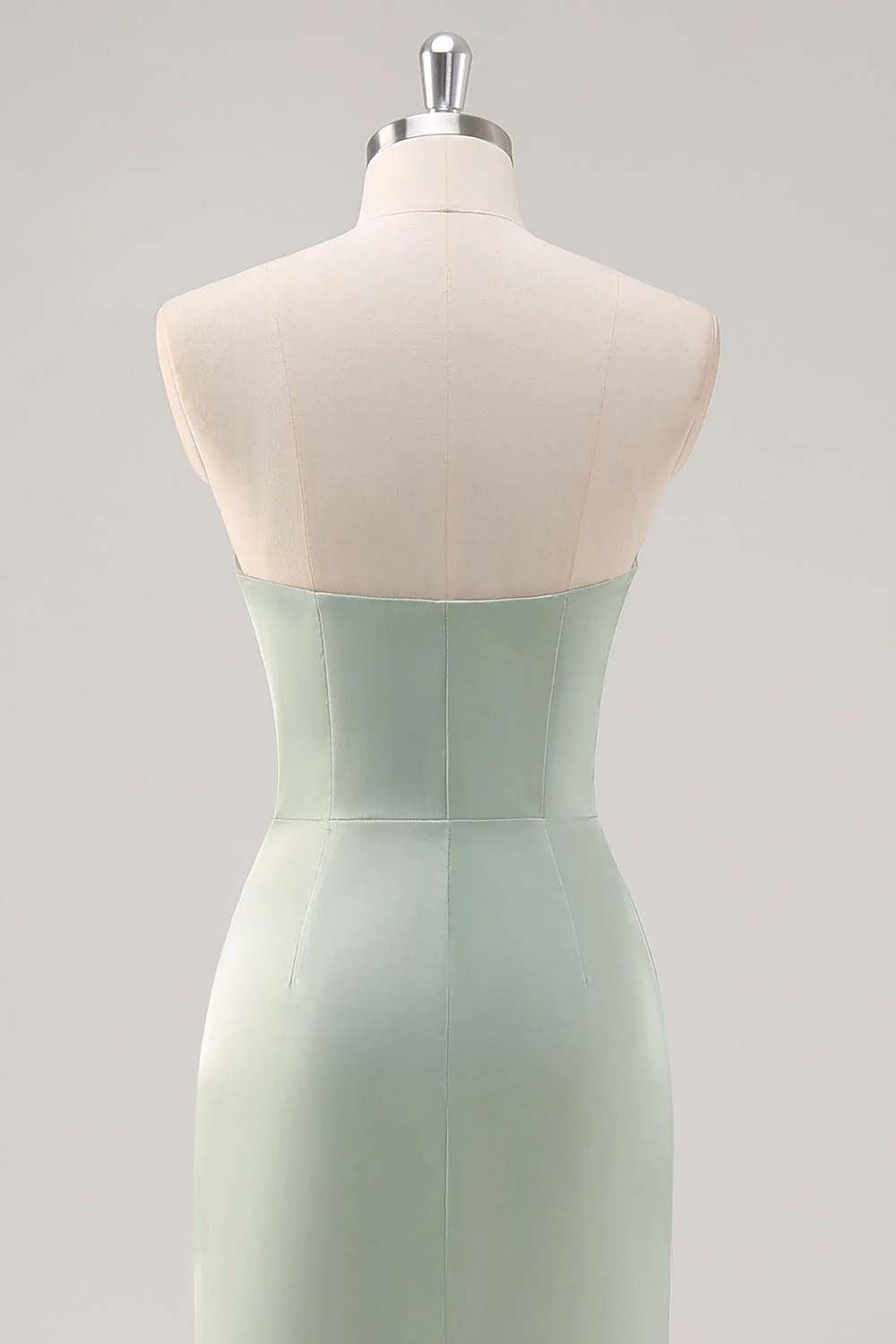 Simple Mermaid Satin Strapless Sage Green Bridesmaid Dress with Slit - Image 5