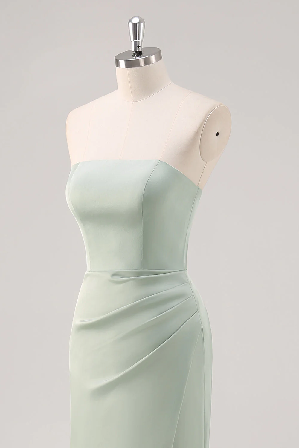 Simple Mermaid Satin Strapless Sage Green Bridesmaid Dress with Slit - Image 6