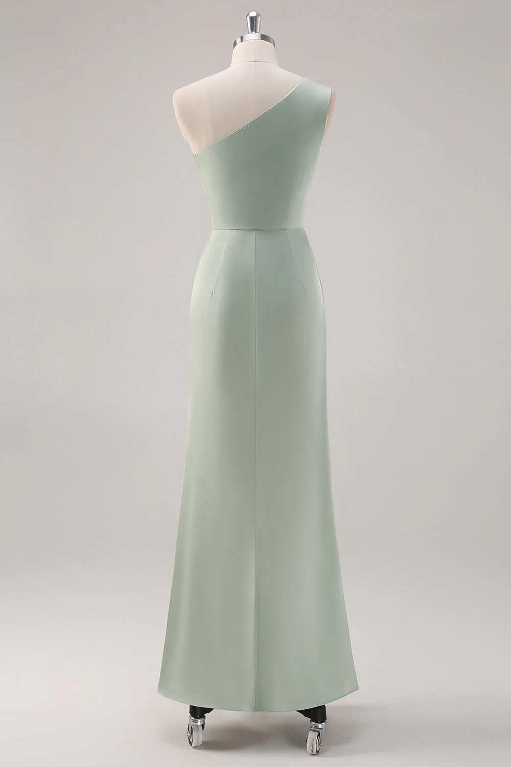 Simple Satin Sage Green One Shoulder Bridesmaid Dress with Slit - Image 2