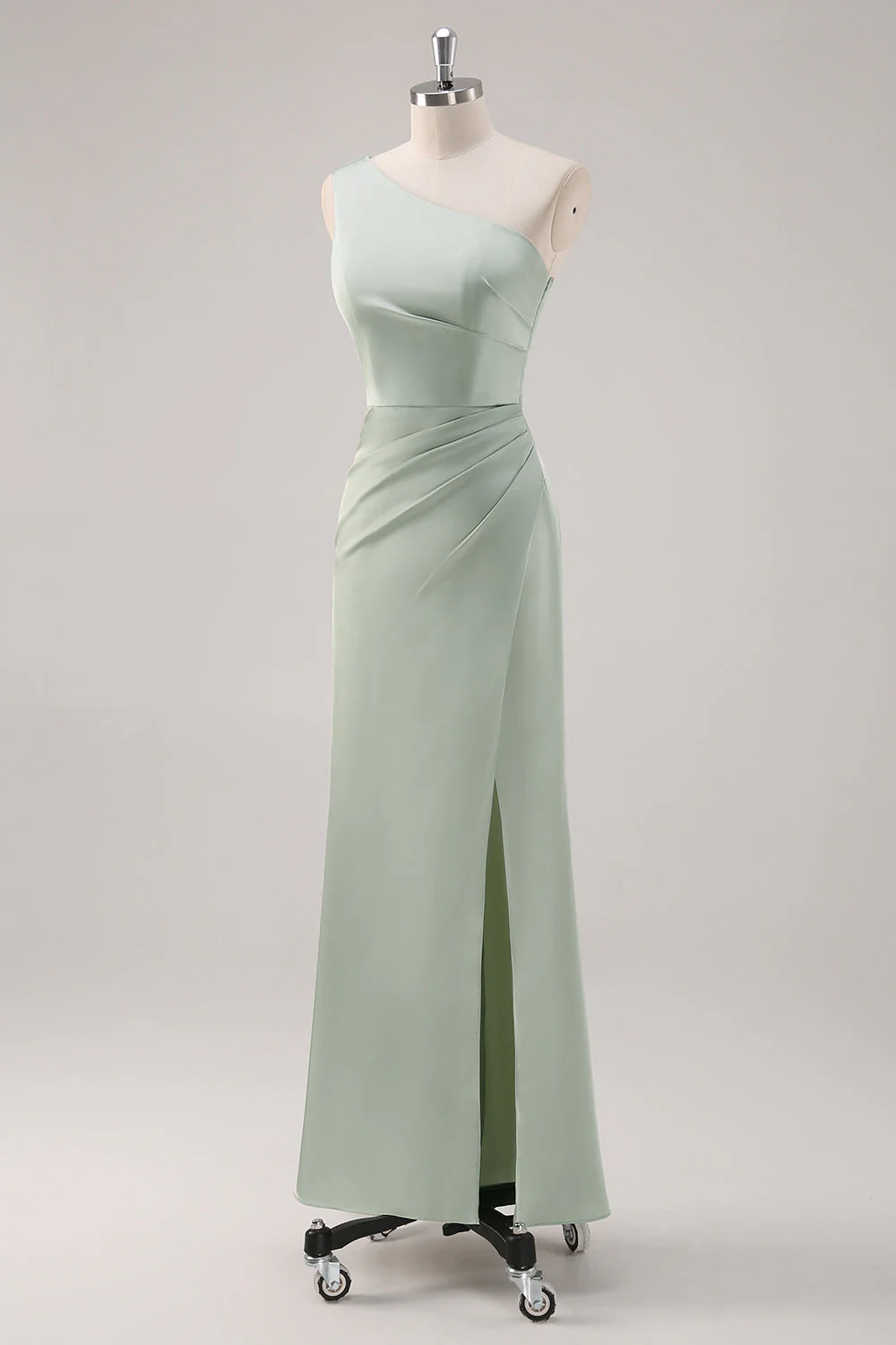 Simple Satin Sage Green One Shoulder Bridesmaid Dress with Slit - Image 3
