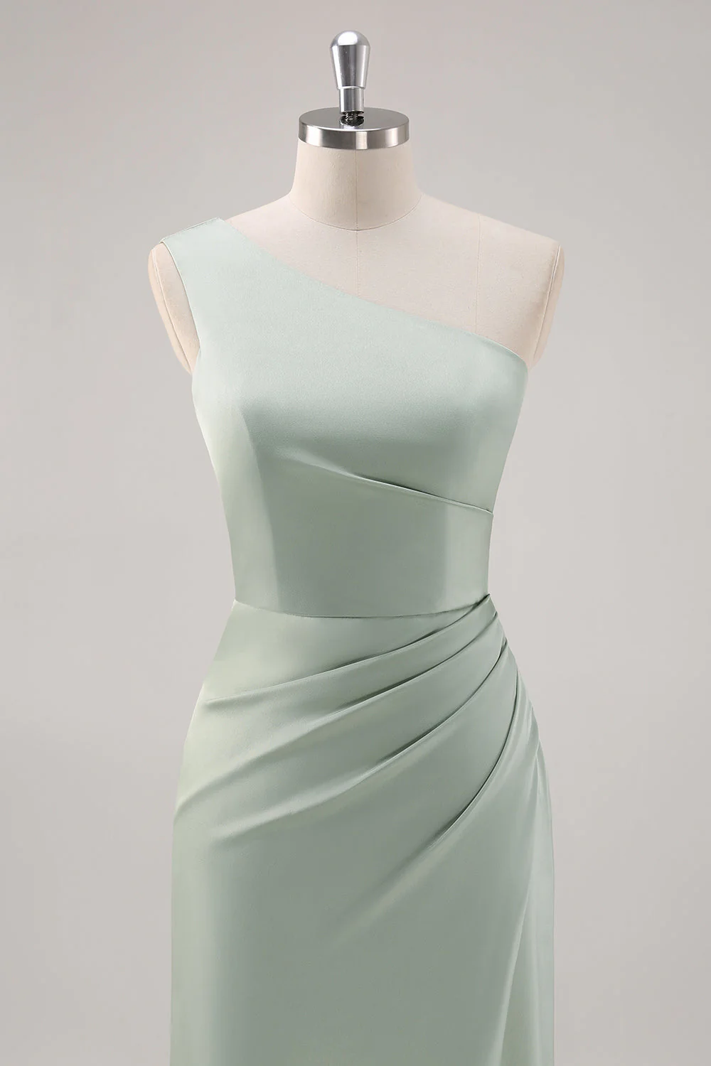 Simple Satin Sage Green One Shoulder Bridesmaid Dress with Slit - Image 4