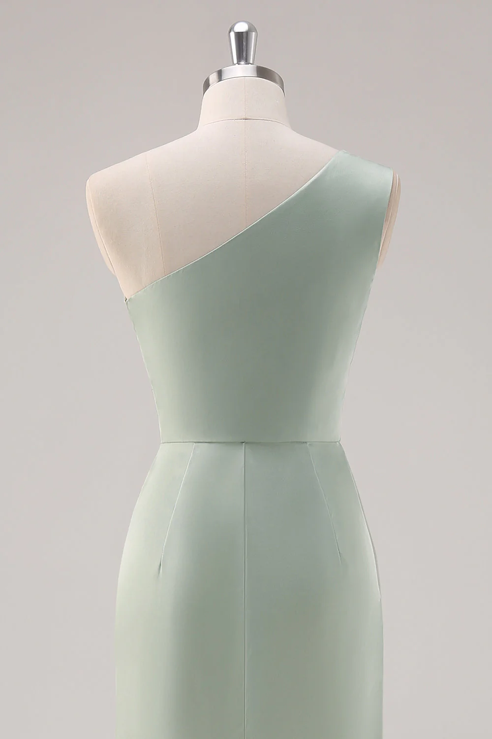 Simple Satin Sage Green One Shoulder Bridesmaid Dress with Slit - Image 5