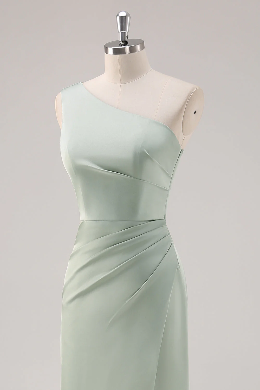 Simple Satin Sage Green One Shoulder Bridesmaid Dress with Slit - Image 6