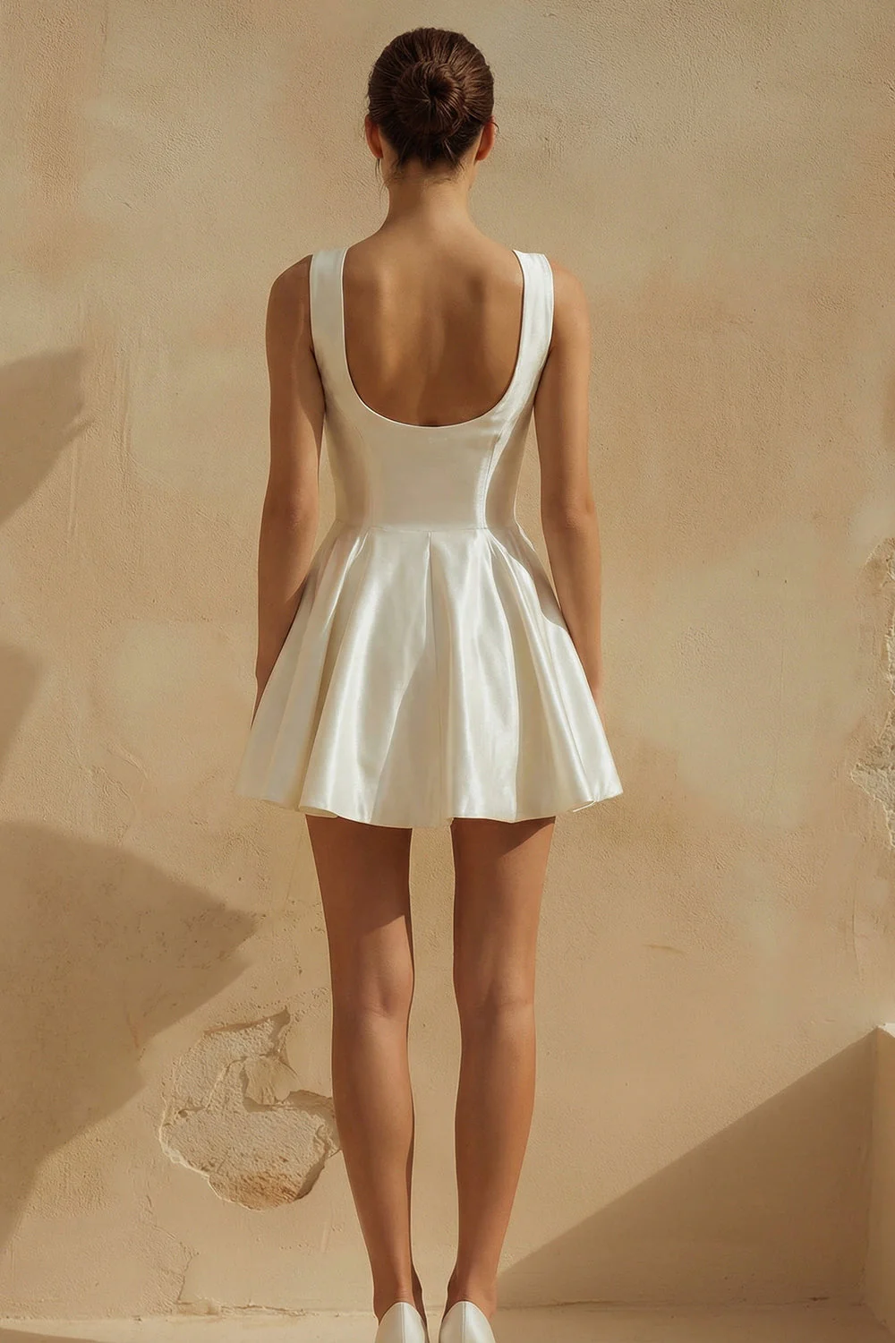 Simple White A-Line Round Neck Mini Satin Graduation Dress - Image 2